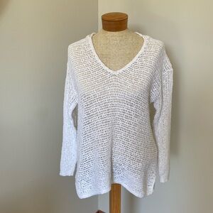 J Jill White Knit open weave V-Neck Sweater with hood Sz S petite 100% cotton